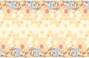 open view of plastic tablecover with winnie the pooh and friends on honeycomb background 54 inches by 84 inches