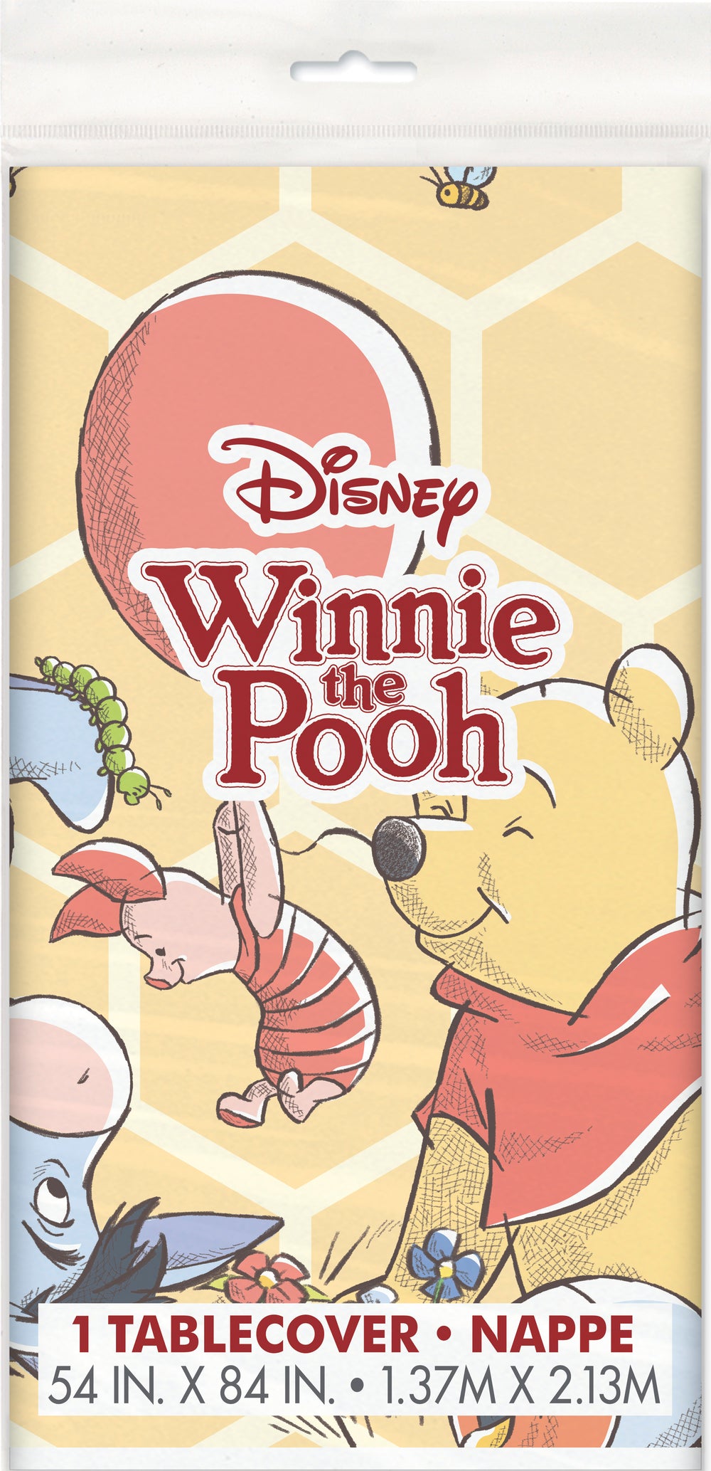 Plastic tablecover in package with winnie the pooh and friends on honeycomb background 54 inches by 84 inches