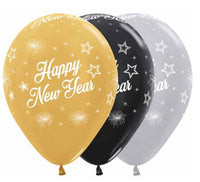Happy New Years Gold, Silver, Black Printed Balloons empty 3/pkg