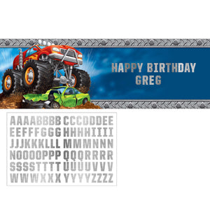 Monster Truck Rally giant plastic banner. 20" x 60". Comes with letter stickers for customization.