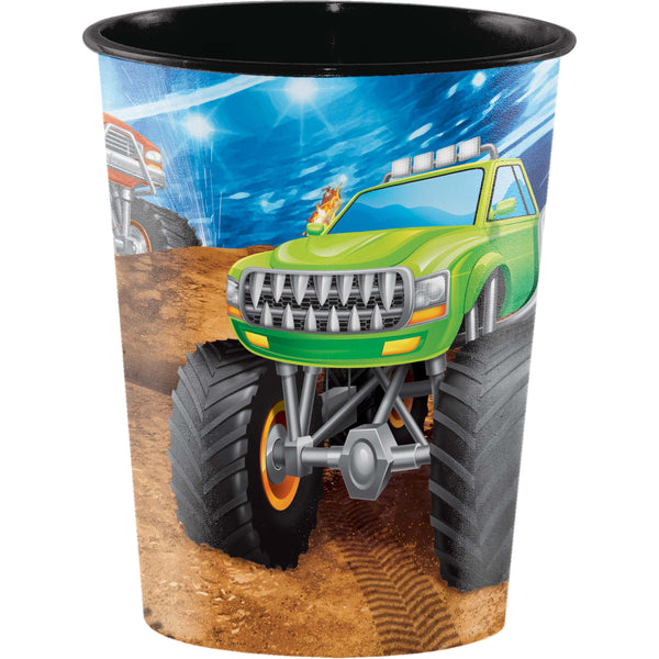 Plastic Monster Truck Rally tumbler cup. 1 per package