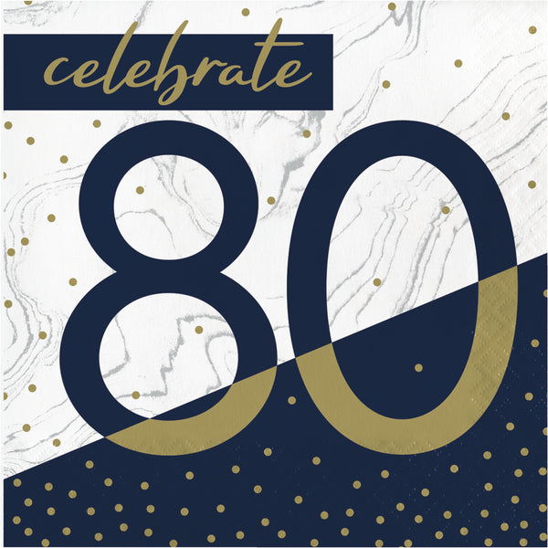 80th Birthday Navy & Gold Luncheon Napkins 16 per package