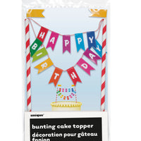 rainbow ribbons bunting cake topper, happy birthday lettering on different coloured flags, 1 per package