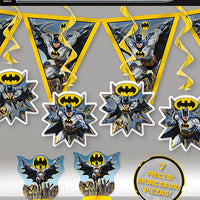 batman 7 piece decoration kit 1 pennant banner, 2 centrepieces and 4 hanging swirl decorations