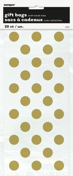 cellophane bags, clear with gold dots, in package