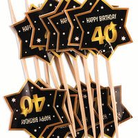 40th birthday milestone black party picks with gold number 40, stars and edging 12 per package