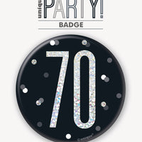 black badge with a prismatic 70 print