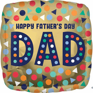 gold square happy fathers day mylar, with multicolured shapes