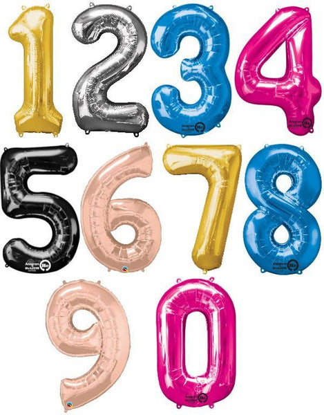 number foil balloons in gold, silver, royal blue, pink, black and rose gold