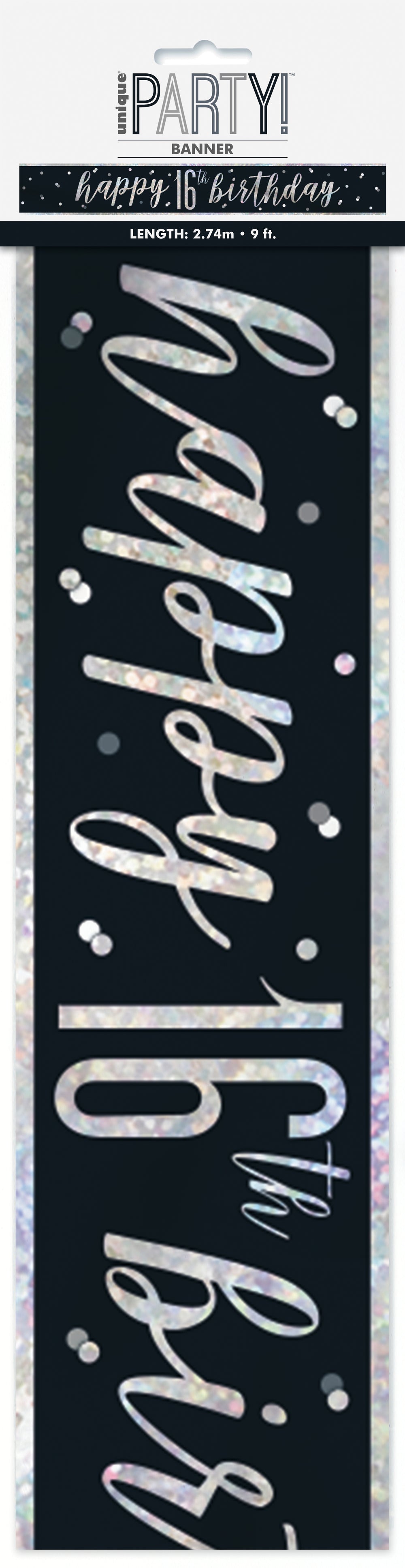 Happy 16th Birthday Black & Silver Glitz Banner
