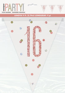 16th Birthday Rose Gold Glitz Flag Banner