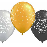 Happy New Years Gold, Silver, Black Printed Balloons empty 3/pkg