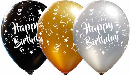 Happy Birthday Balloon Gold, Silver, and Black - empty 3/package