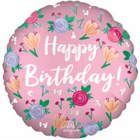 Birthday Satin Flowers 18 inch Round Foil Balloon