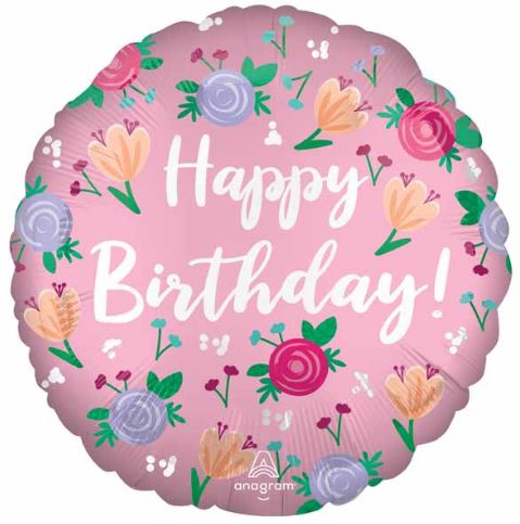 Birthday Satin Flowers 18 inch Round Foil Balloon