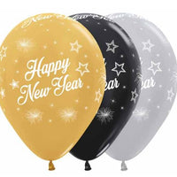 Happy New Years Gold, Silver, Black Printed Balloons empty 3/pkg