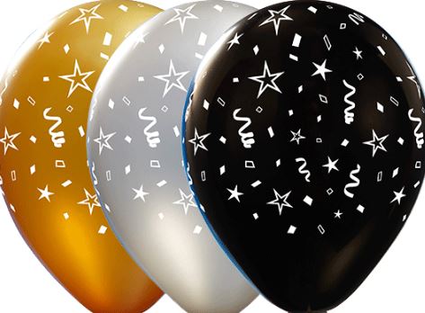 Streamer Gold, Silver, Black Printed Balloons empty 3/Pkg