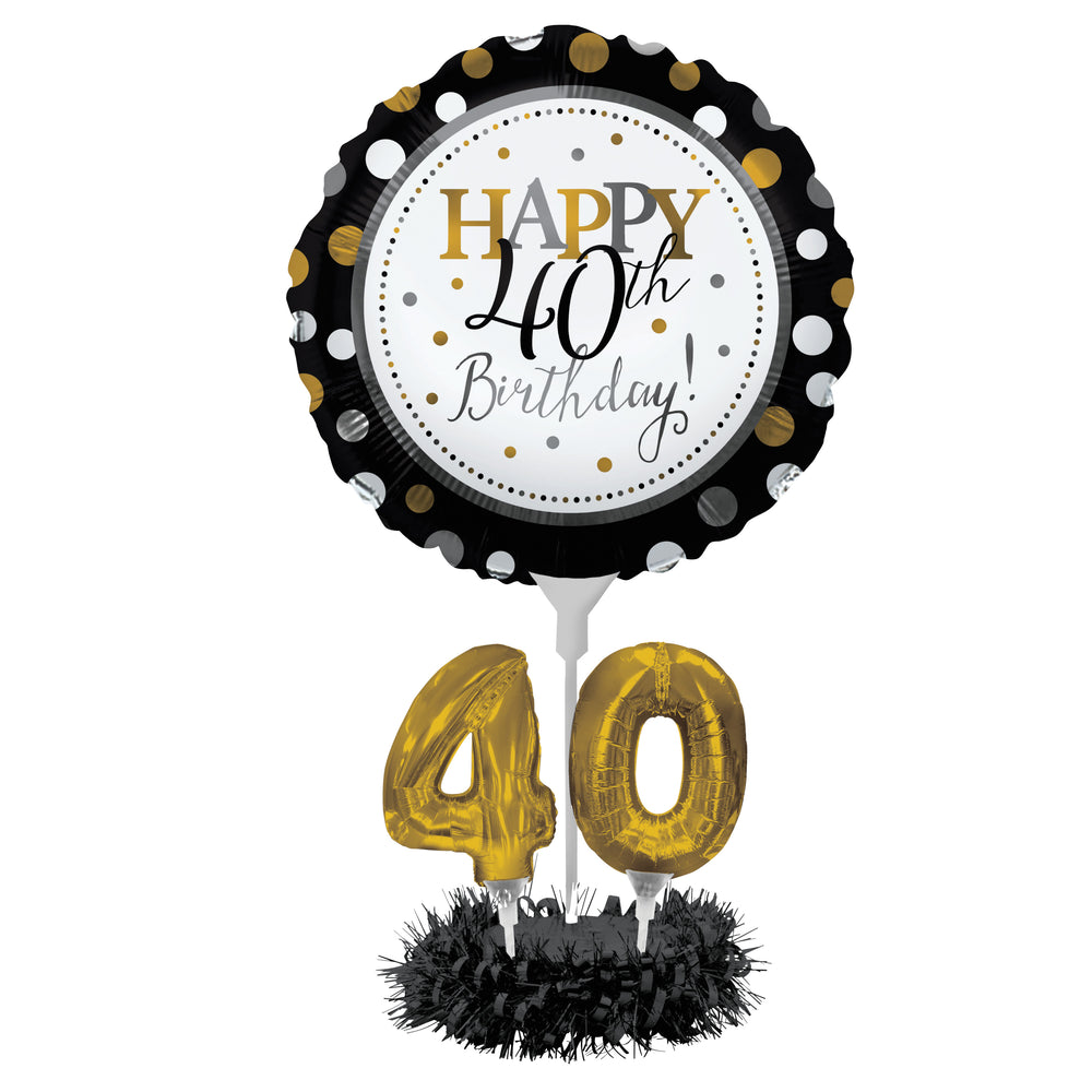 40th birthday milestone centerpiece air inflated balloon kit in black and gold