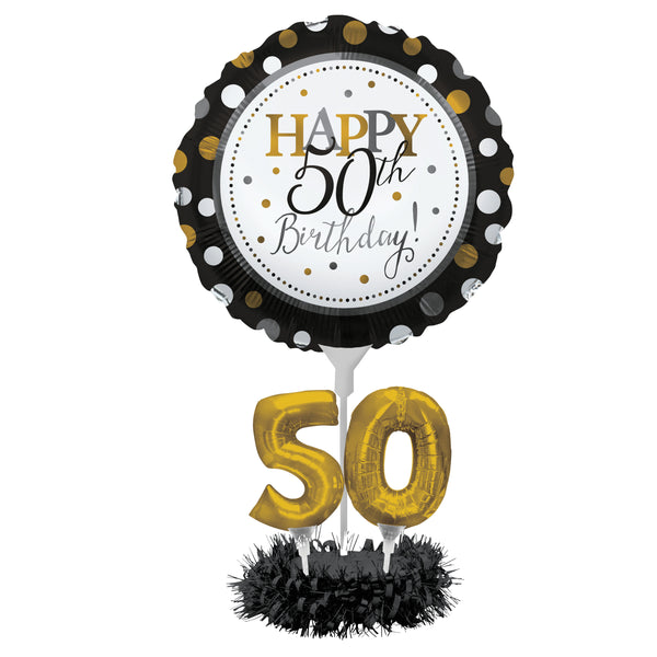 50th happy birthday milestone centerpiece air inflated balloon kit in black and gold