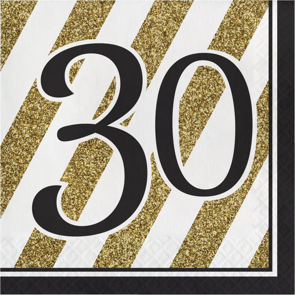 30th Birthday Black & Gold Luncheon Napkins 12 count