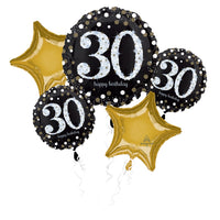 Sparkling Birthday 30 Balloon Bouquet with 1 28 inch and 2 18 inch 30th and 2 gold stars