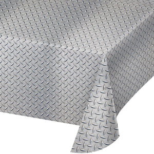 Metallic diamond plate plastic tablecover. 54" x 108"