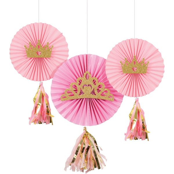Pink and gold hanging princess decoration with crown and tassels