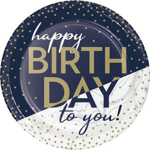 Navy & Gold Happy Birthday to you 7" dessert plates 8 count