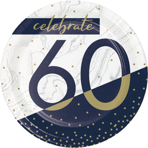 60th Birthday Navy & Gold Dessert Plates 7" plates 8 per package