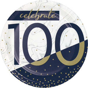 100th Birthday Navy & Gold Dessert Plates 7" plates 8 per package