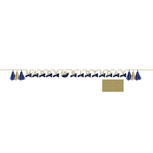 Navy & Gold Birthday Party Banner With Tassels 5ft personalize with number stickers