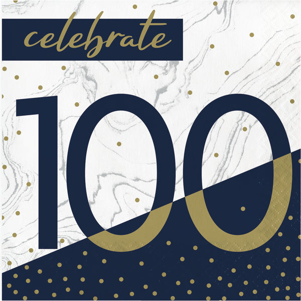 100th Birthday Navy & Gold Luncheon Napkins 16 per package
