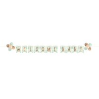 "Welcome Baby" Teddy bear shaped ribbon banner.  Comes with 1 8½ foot banner and 10 latex balloons.