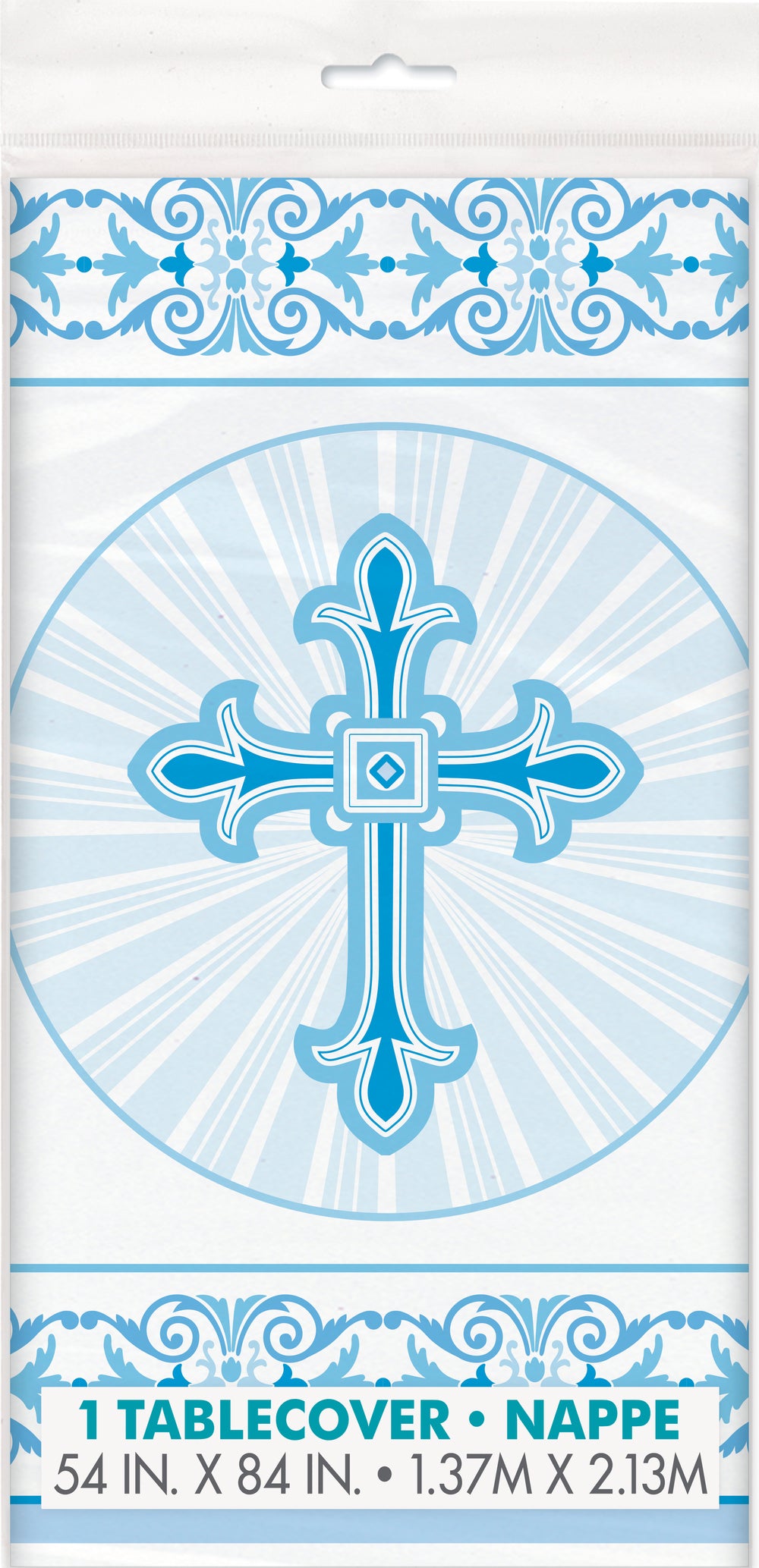 plastic table cover with blue cross and filigree