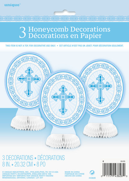 honeycomb centrepiece with blue radiant cross, 3 count