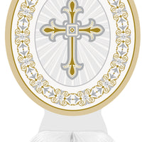 honeycomb centrepiece with gold/silver  radiant cross, out of package