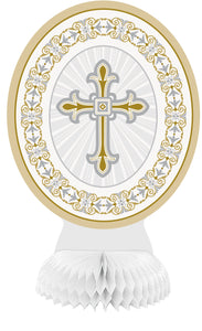 honeycomb centrepiece with gold/silver  radiant cross, out of package