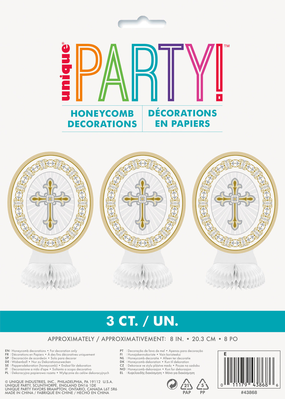 honeycomb centrepiece with gold/silver radiant cross, 3 count