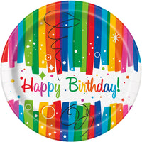 happy birthday 7 inch plates with rainbow strips