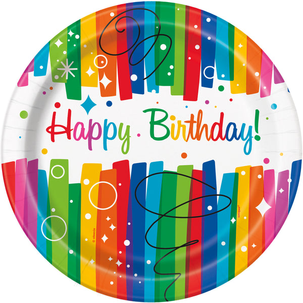 Happy Birthday plates with multi-coloured strips