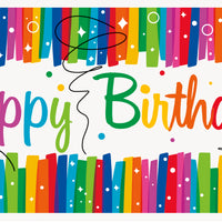 Rainbow ribbons birthday banner white background with multi-coloured strips measures 60 inches by 27 inches 1 per package