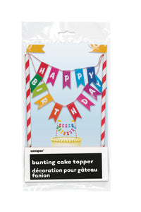 rainbow ribbons bunting cake topper, happy birthday lettering on different coloured flags, 1 per package