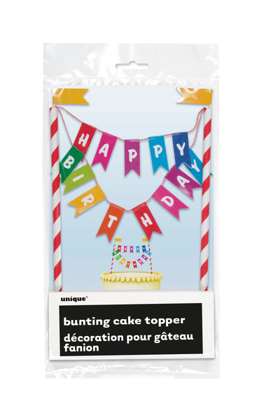 rainbow ribbons bunting cake topper, happy birthday lettering on different coloured flags, 1 per package