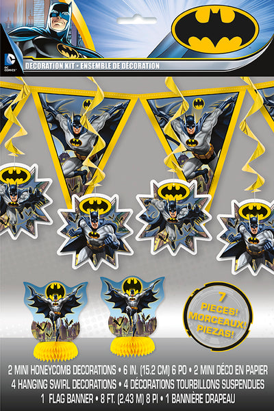 batman 7 piece decoration kit 1 pennant banner, 2 centrepieces and 4 hanging swirl decorations