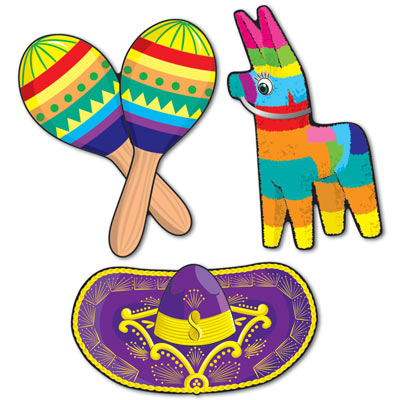 fiesta cutouts, maracas, pinata and sombrero