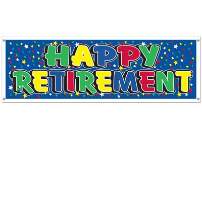 happy retirement banner with blue background and mutlicoloured stars and lettering 5 feet by 21 inches