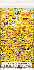 emoji plastic tablecover with assorted emojis in package 54 inches by 84 inches 