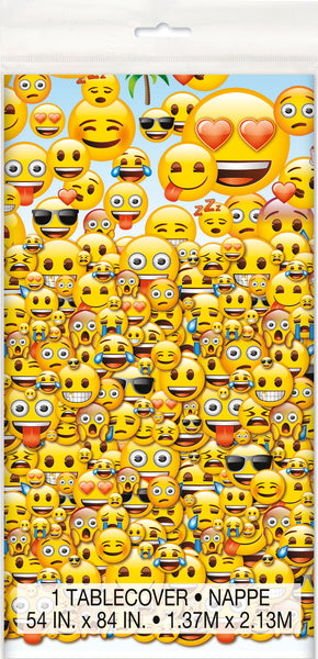 emoji plastic tablecover with assorted emojis in package 54 inches by 84 inches 