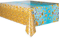 emoji plastic tablecover with assorted emojis 54 inches by 84 inches 
