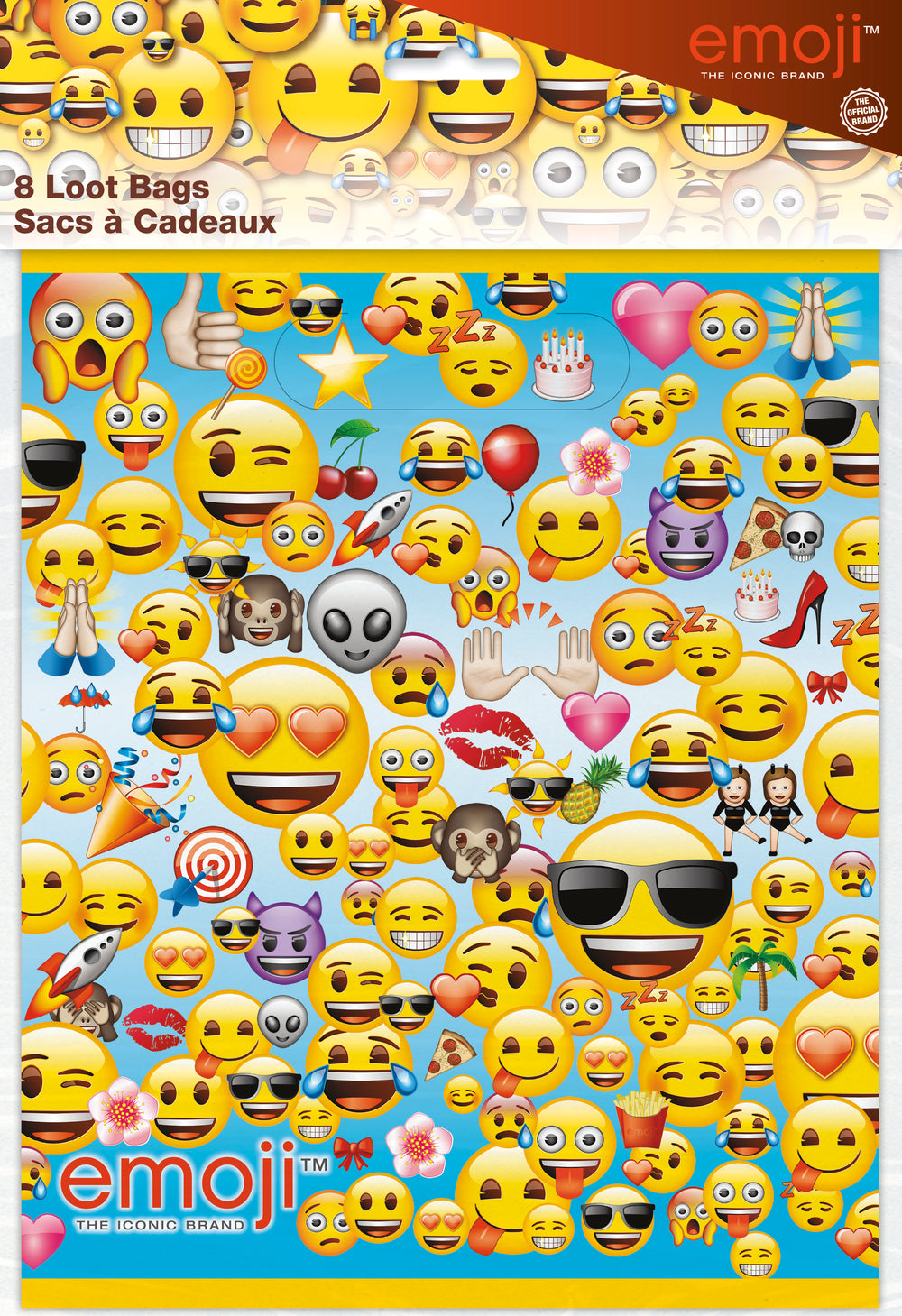 emoji loot bags with assorted emojis on a blue background in package 8 count